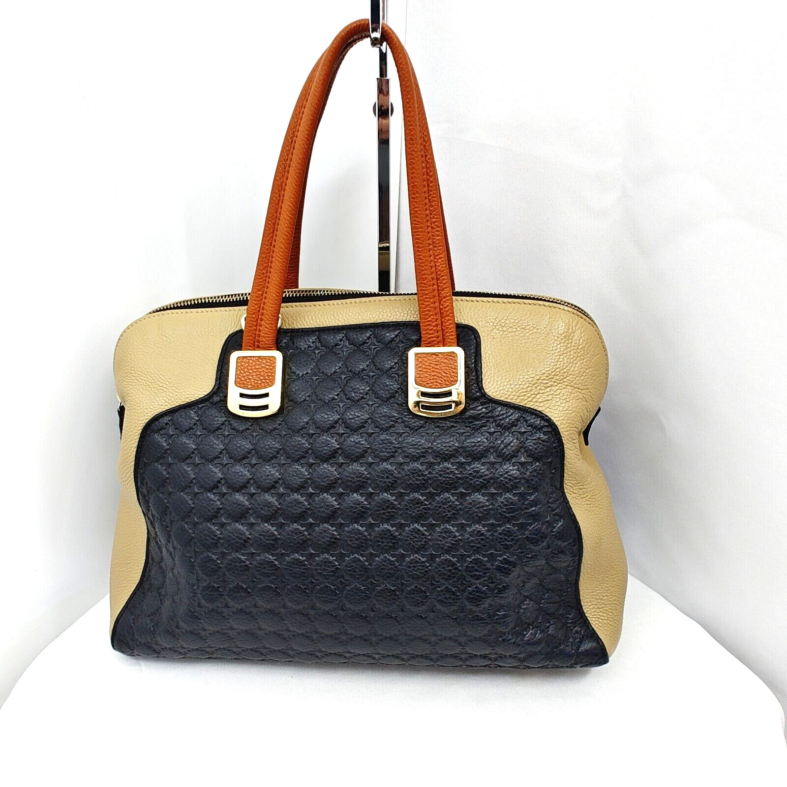 ZOOLER Leather Tri Color Block Handbag Satchel Emboxxed Brown Beige Black