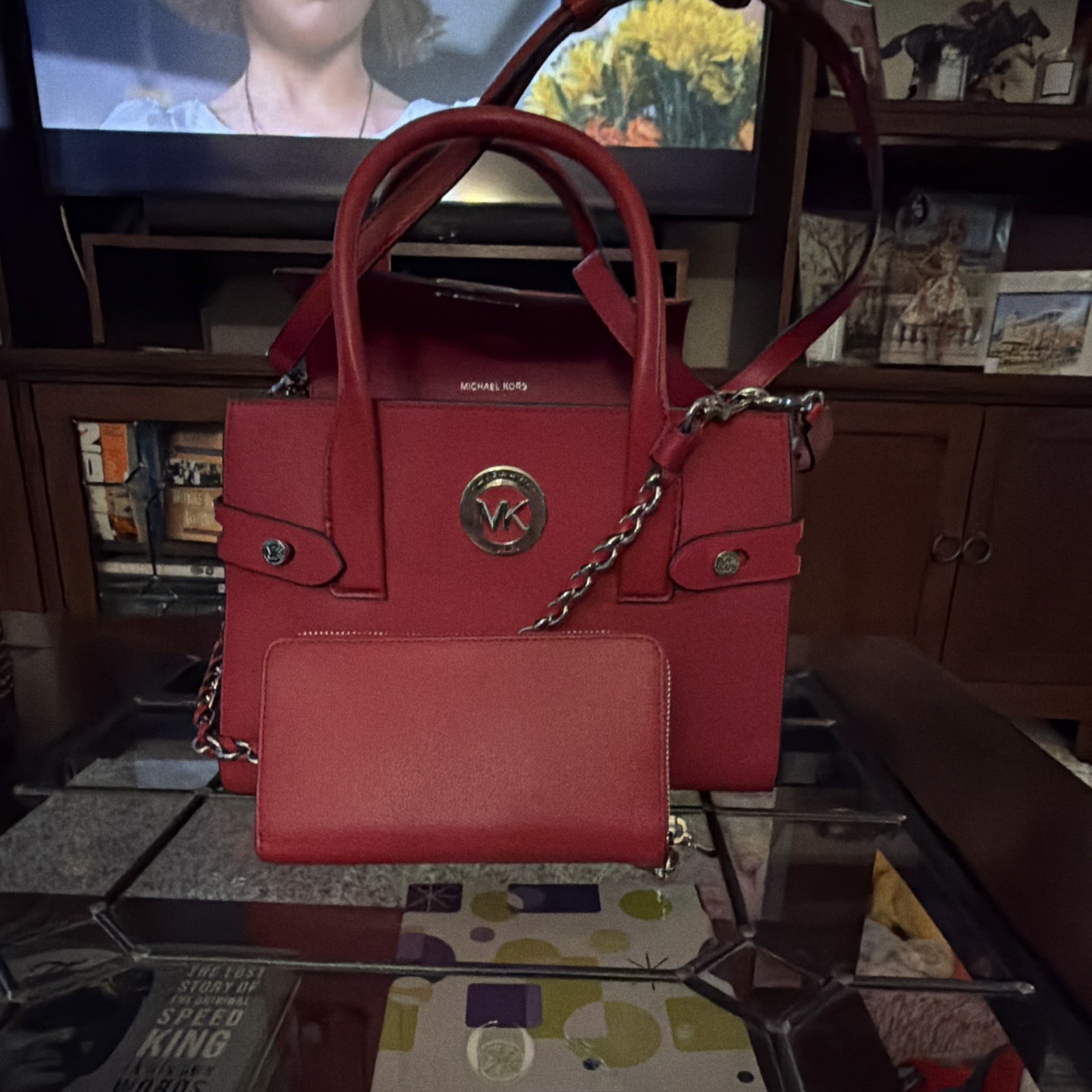 Michael Kors Red Medium Satchel Top Handle Bag w/ Chain Detachable Strap