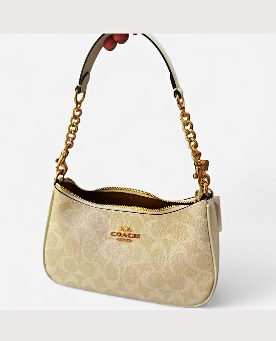 Coach Signature Logo Small Shoulder Bag Beige/Ivory Gold Chain Strap Zip Pockets