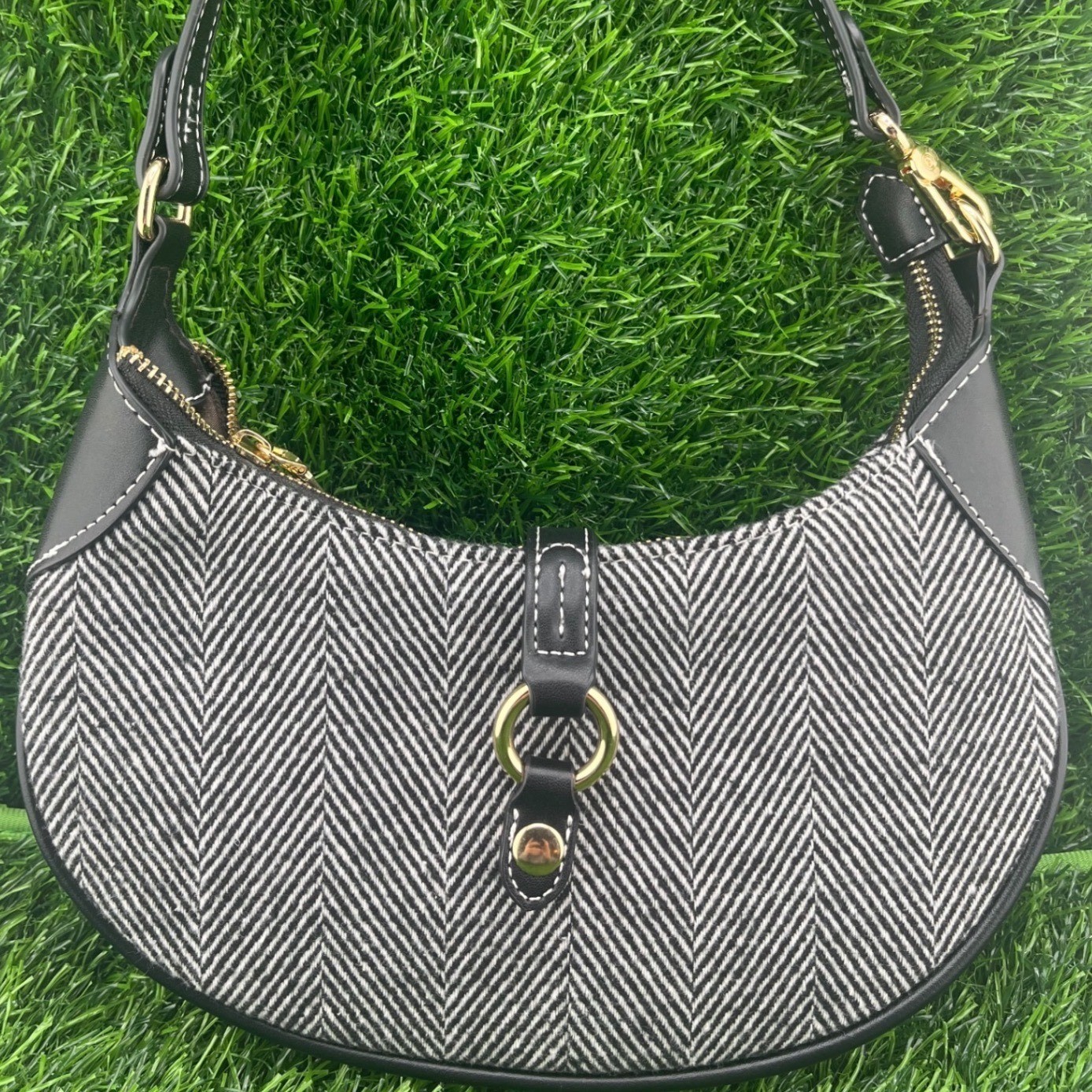 Chic Crescent Shoulder Bag Black White Herringbone Pattern Gold Accents