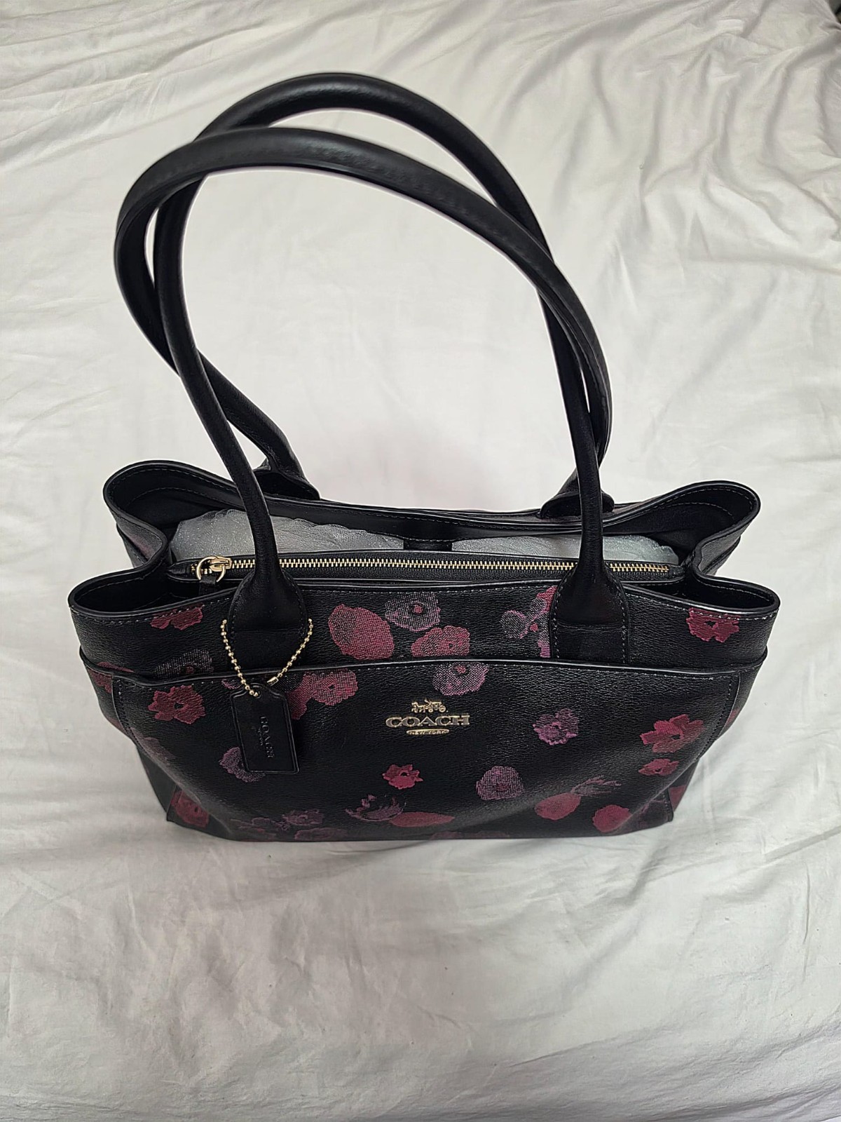 Coach Black Floral Medium Tote Bag Zip Closure Gold Hardware Logo Charm