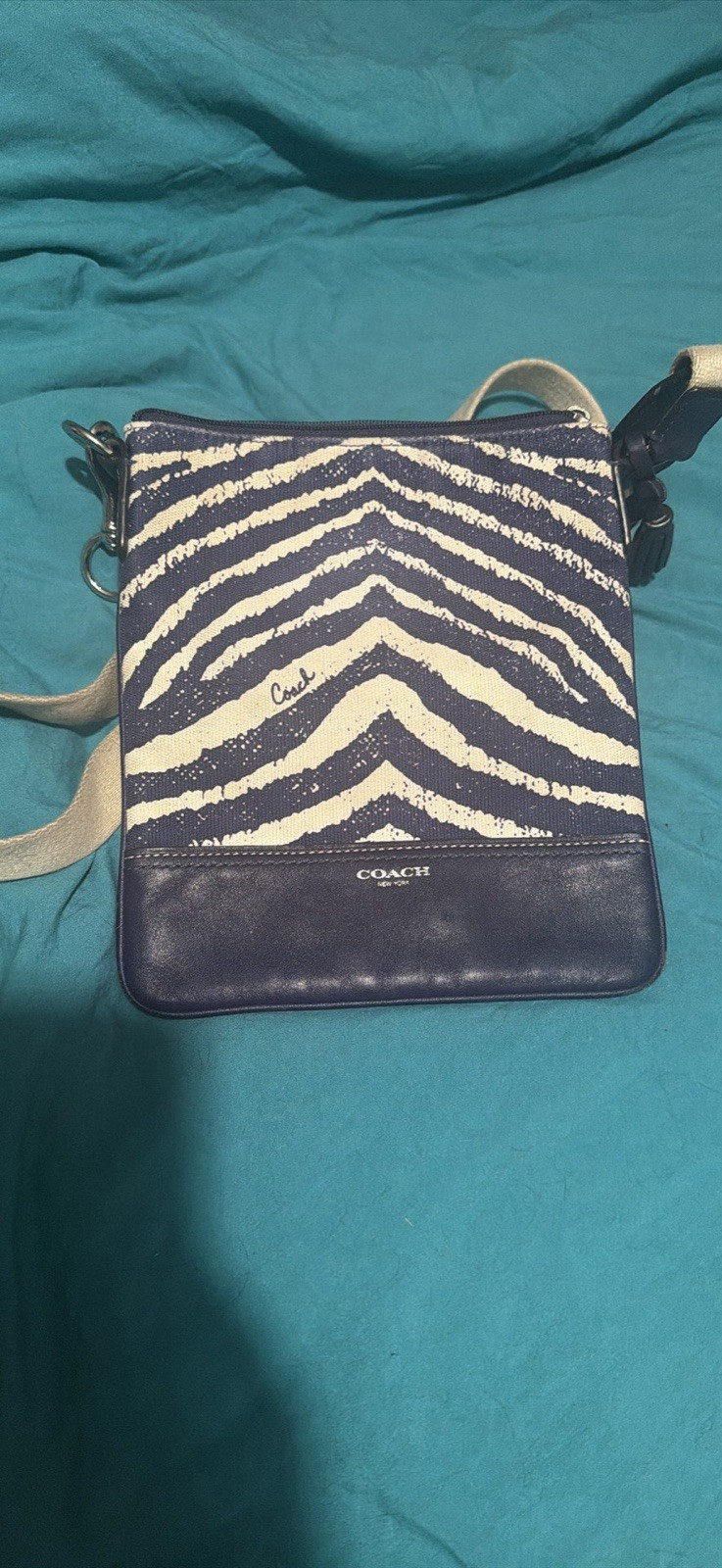 Coach Blue/White Zebra Print Small Crossbody Bag w/ Zip Closure, Strap