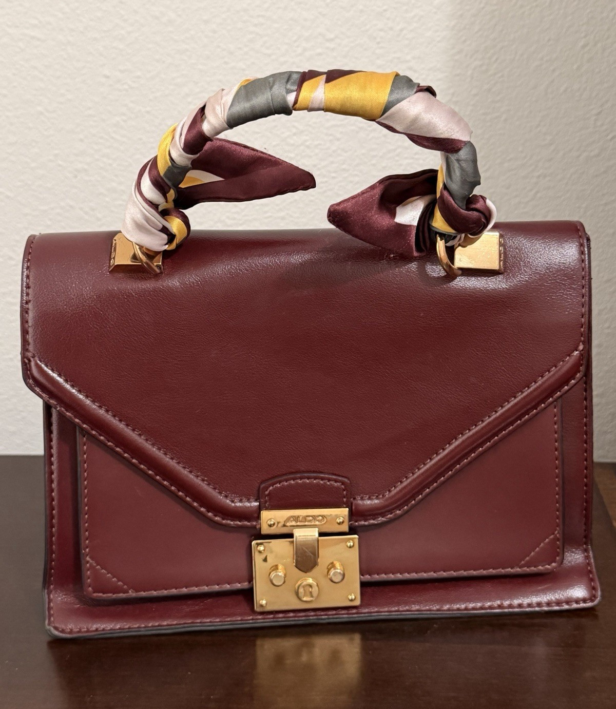 Aldo Women’s Burgundy Medium Top Handle Bag Push Lock Gold Hardware