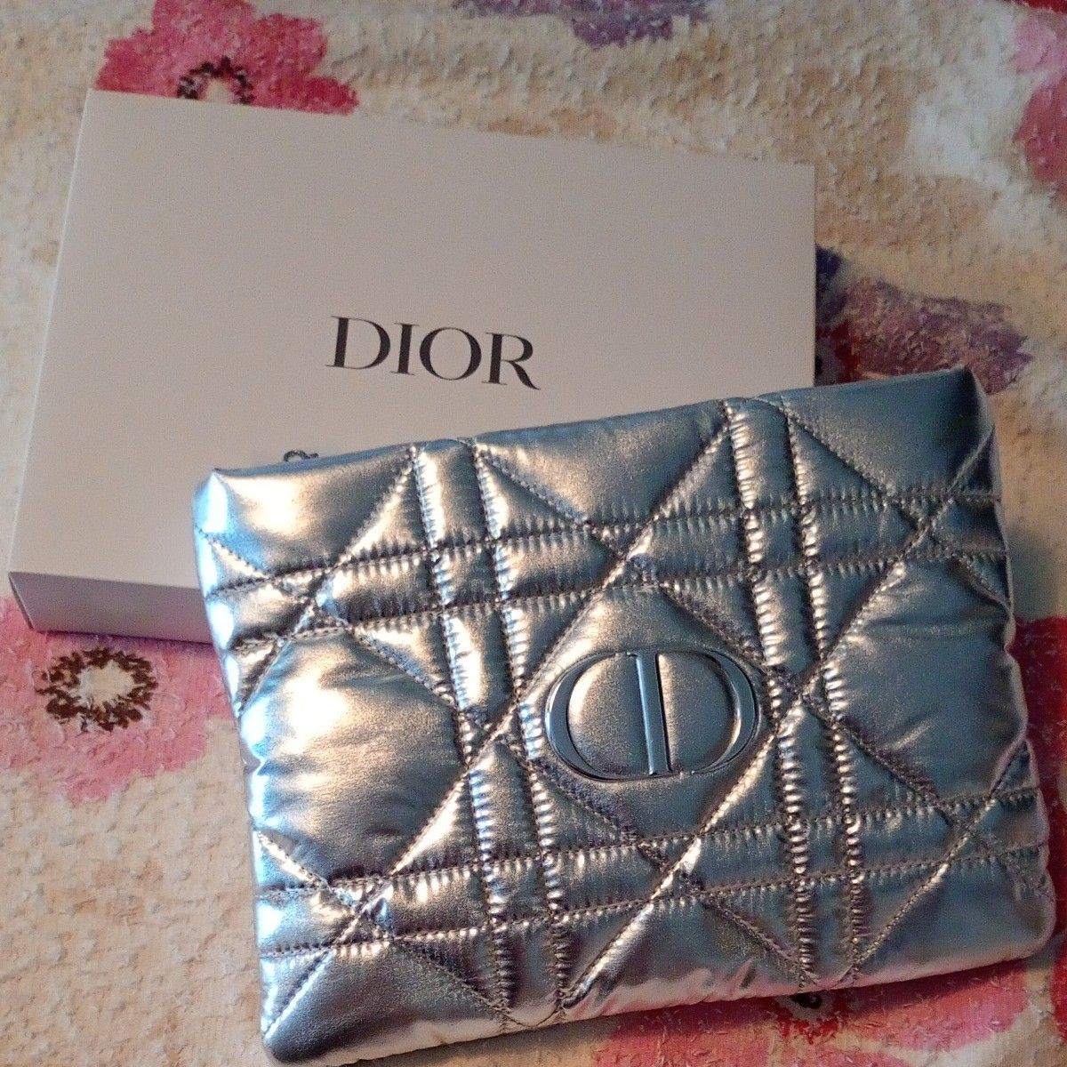 Christian Dior Silver Pouch Cannage Quilted Cosmetic Bag CD Logo New Japan