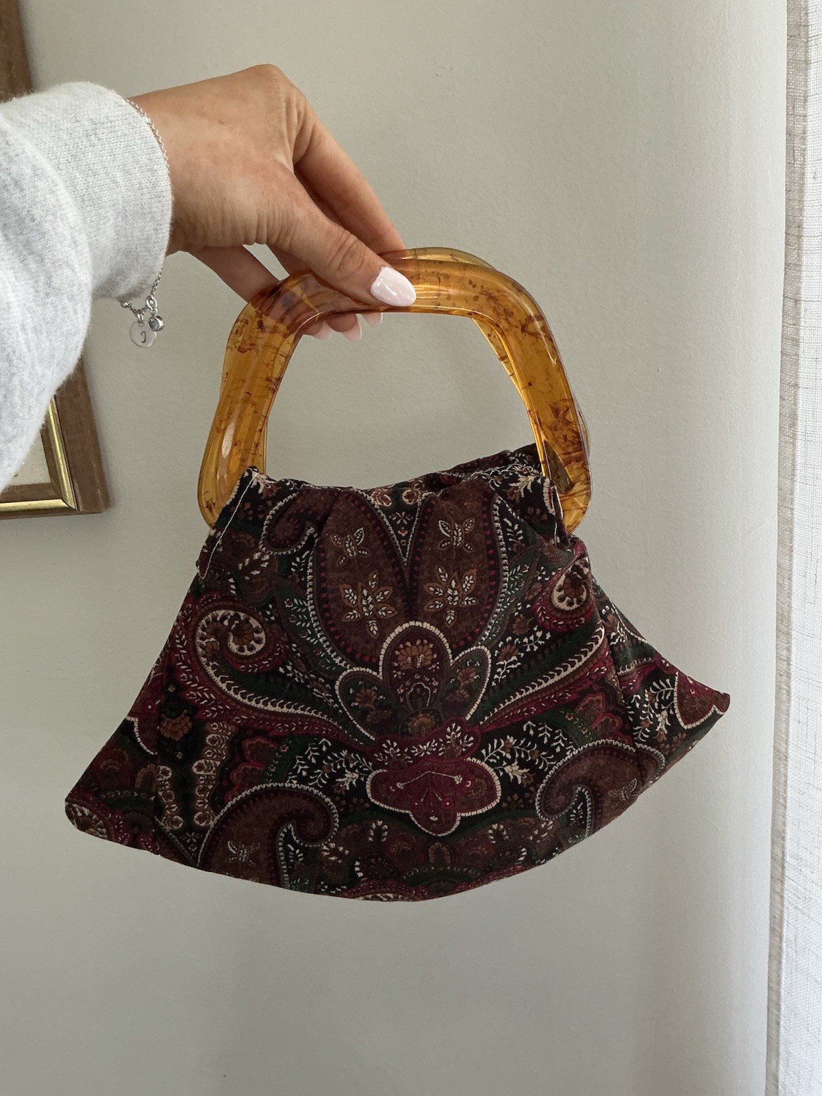 Vintage Handmade Paisley Print Bag With Resin Handles Cloth Handbag Purse