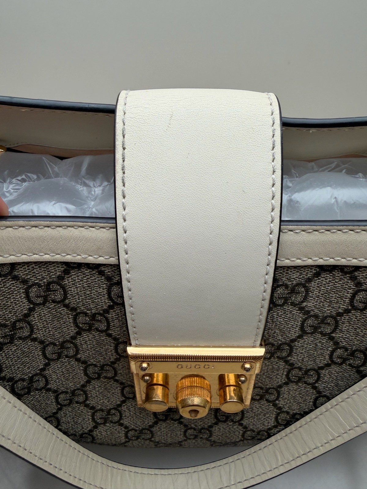 Gucci Padlock Medium Beige GG Monogram White Calfskin Shoulder Tote US Ship