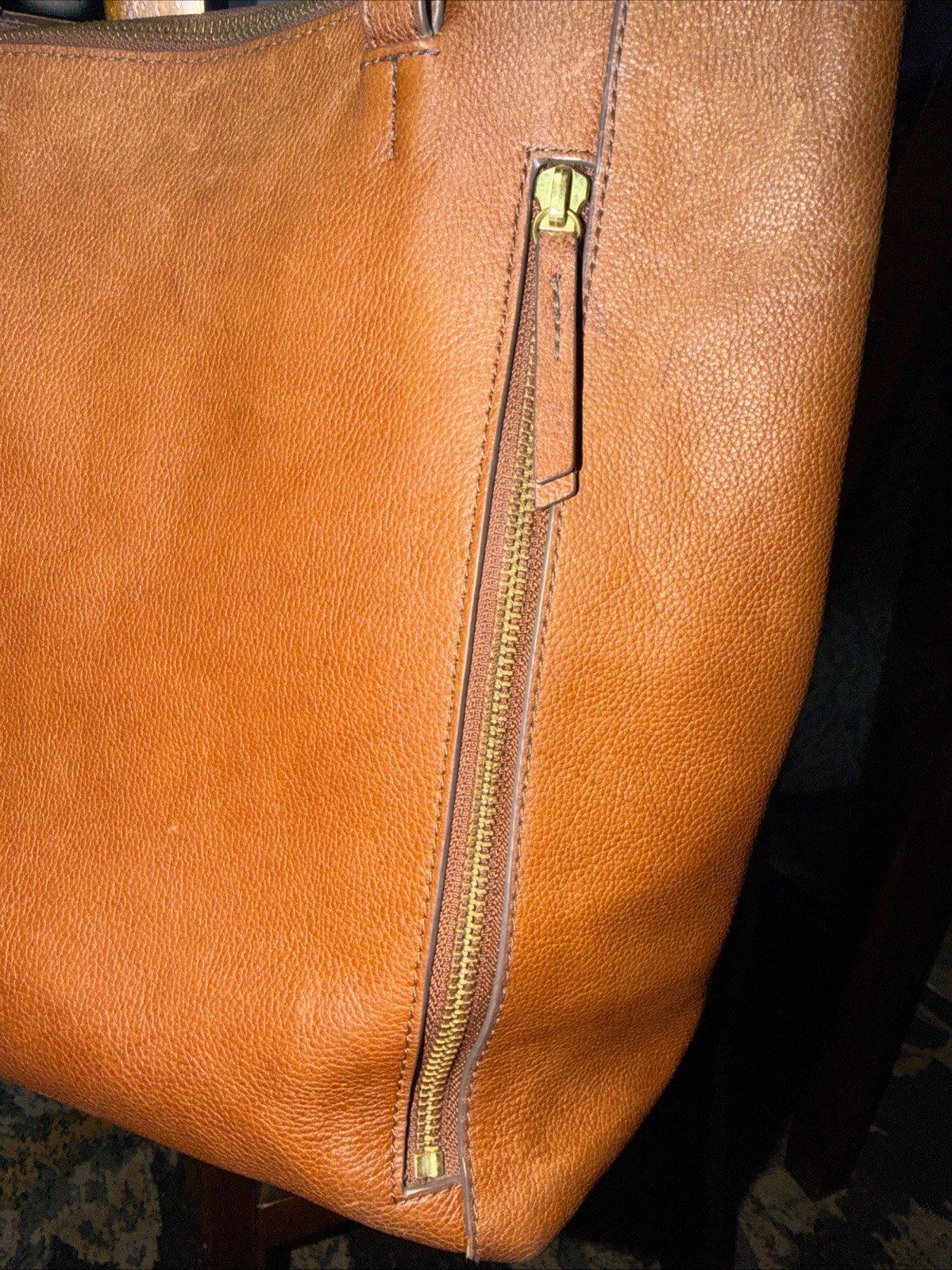 Fossil Tara Leather Shopper Tote Handbag Cognac 12x11x6” (R)