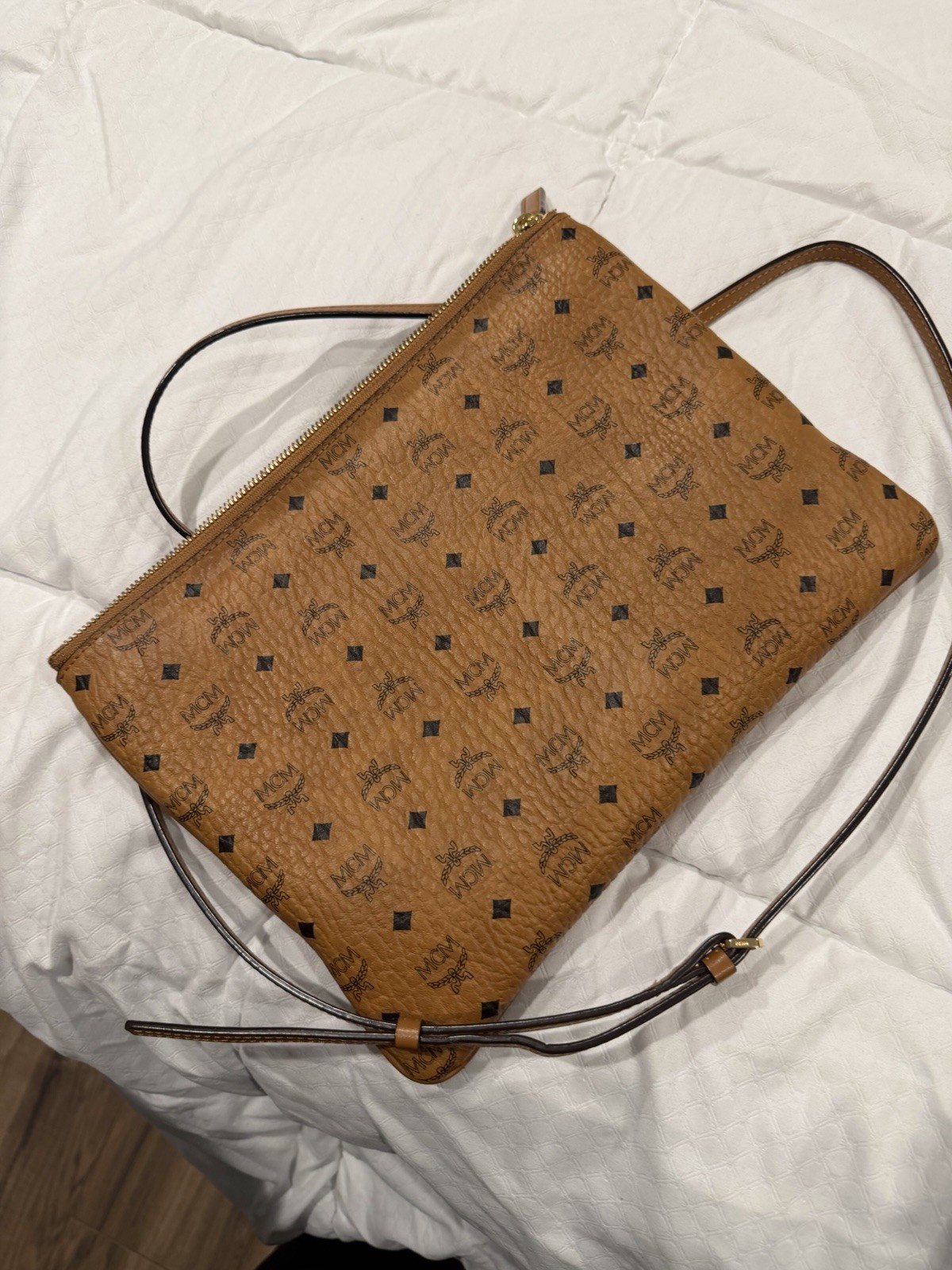MCM Visetos Brown Monogram Zip Top Shoulder Bag Adjustable Strap Gold HW