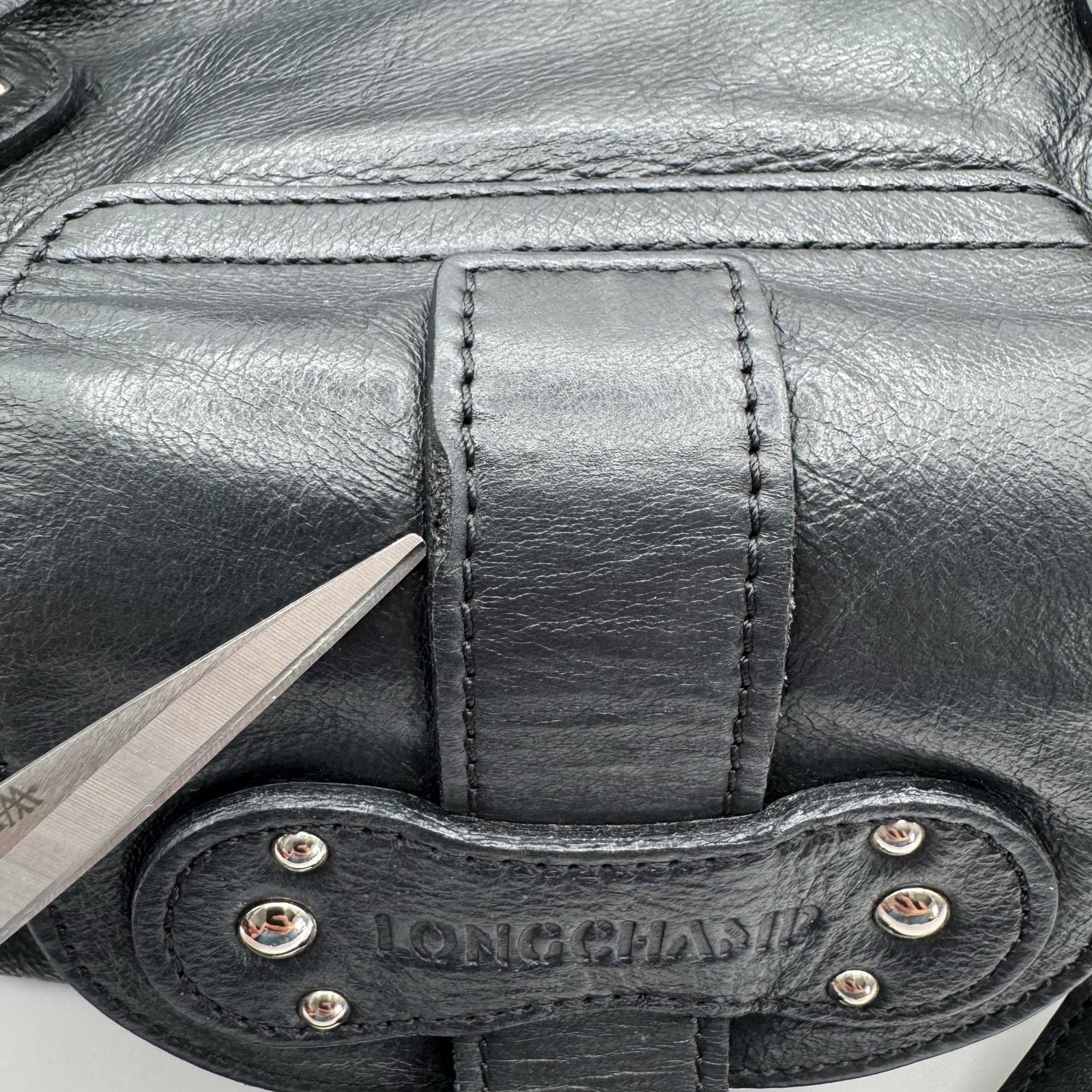VTG Longchamp Idole Black Grained Leather Satchel Bag Studded Buckle Flap France