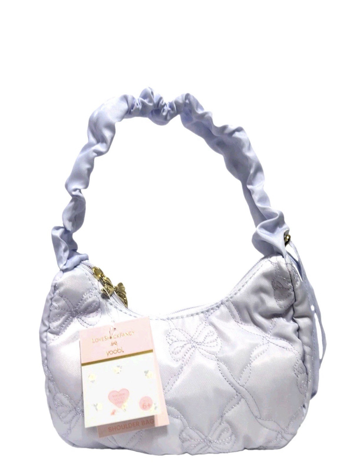 LoveShackFancy x yoobi Quilted Shoulder Bag with Bow Zip, Gold Hardware – Blue