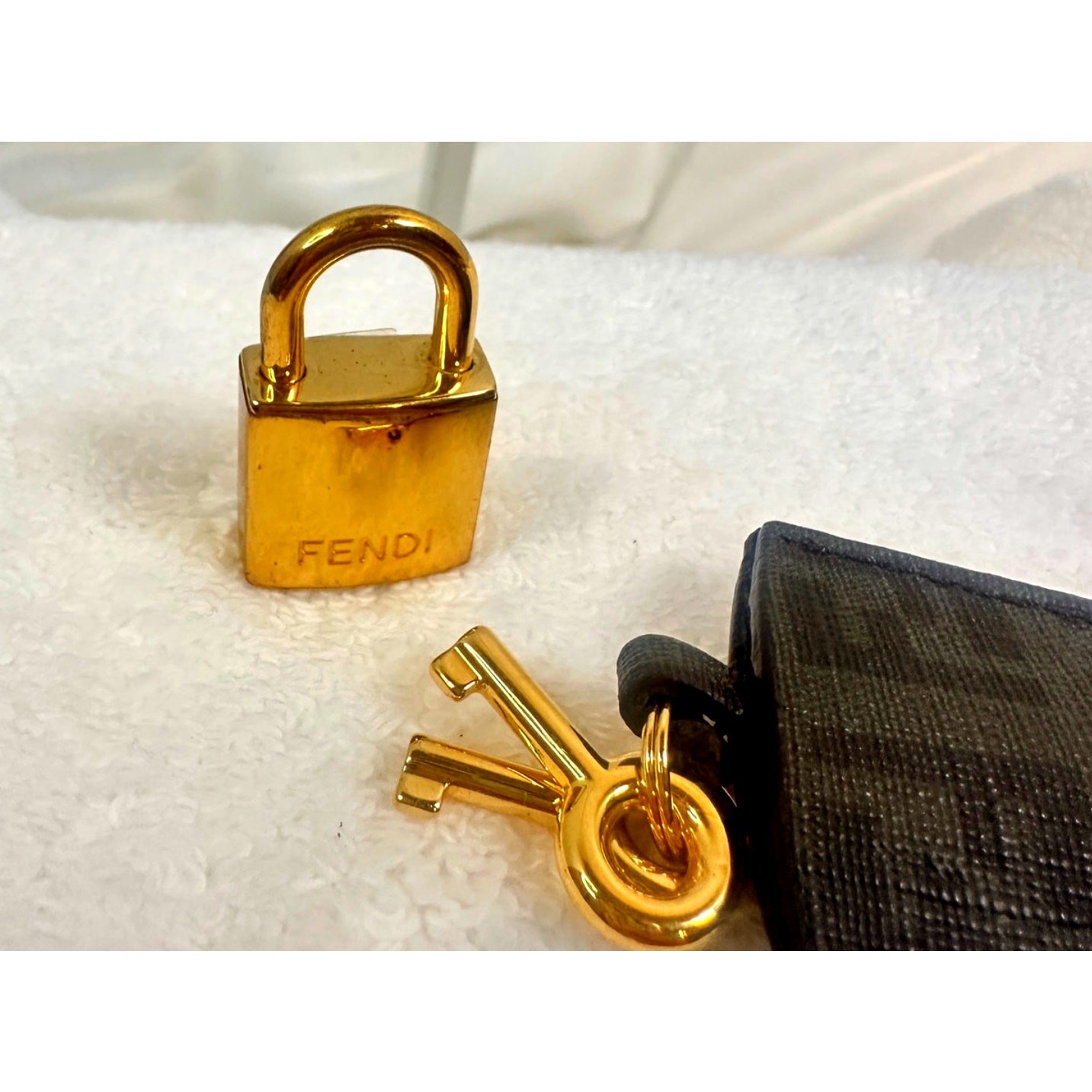 Authentic Fendi FF Hang Tag Lock & Keys Bag Charm Luggage Tag Dark Gray/Black