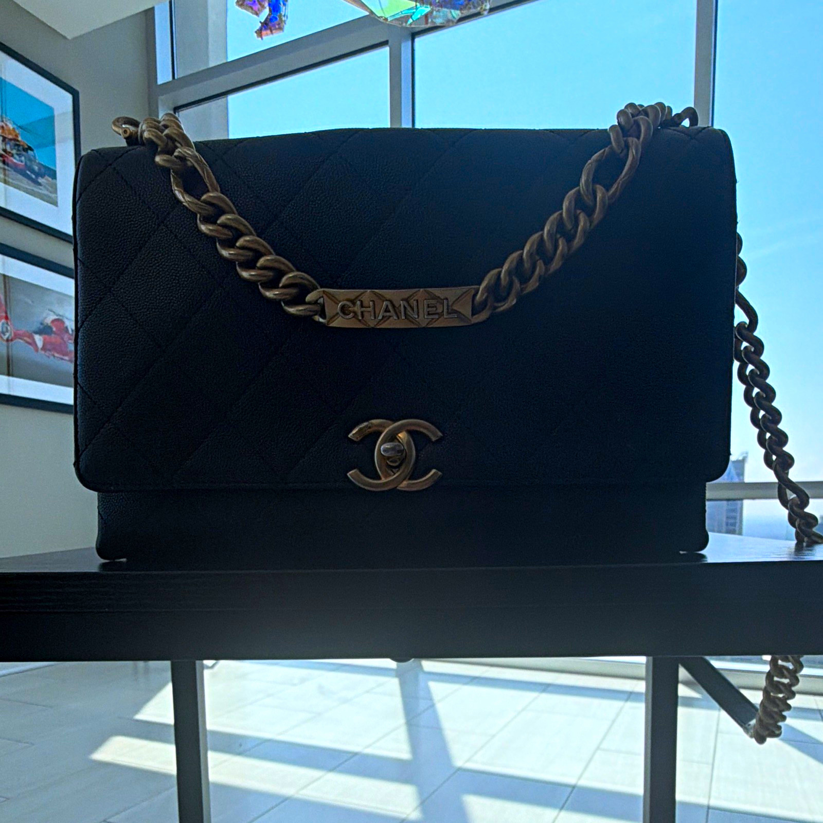 CHANEL Large Black Quilted Flap Shoulder Bag Chain Strap Turn Lock Gold