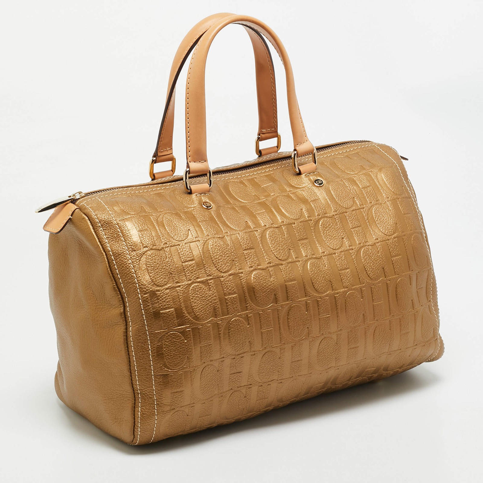 Carolina Herrera Andy Gold Monogram Embossed Leather Satchel
