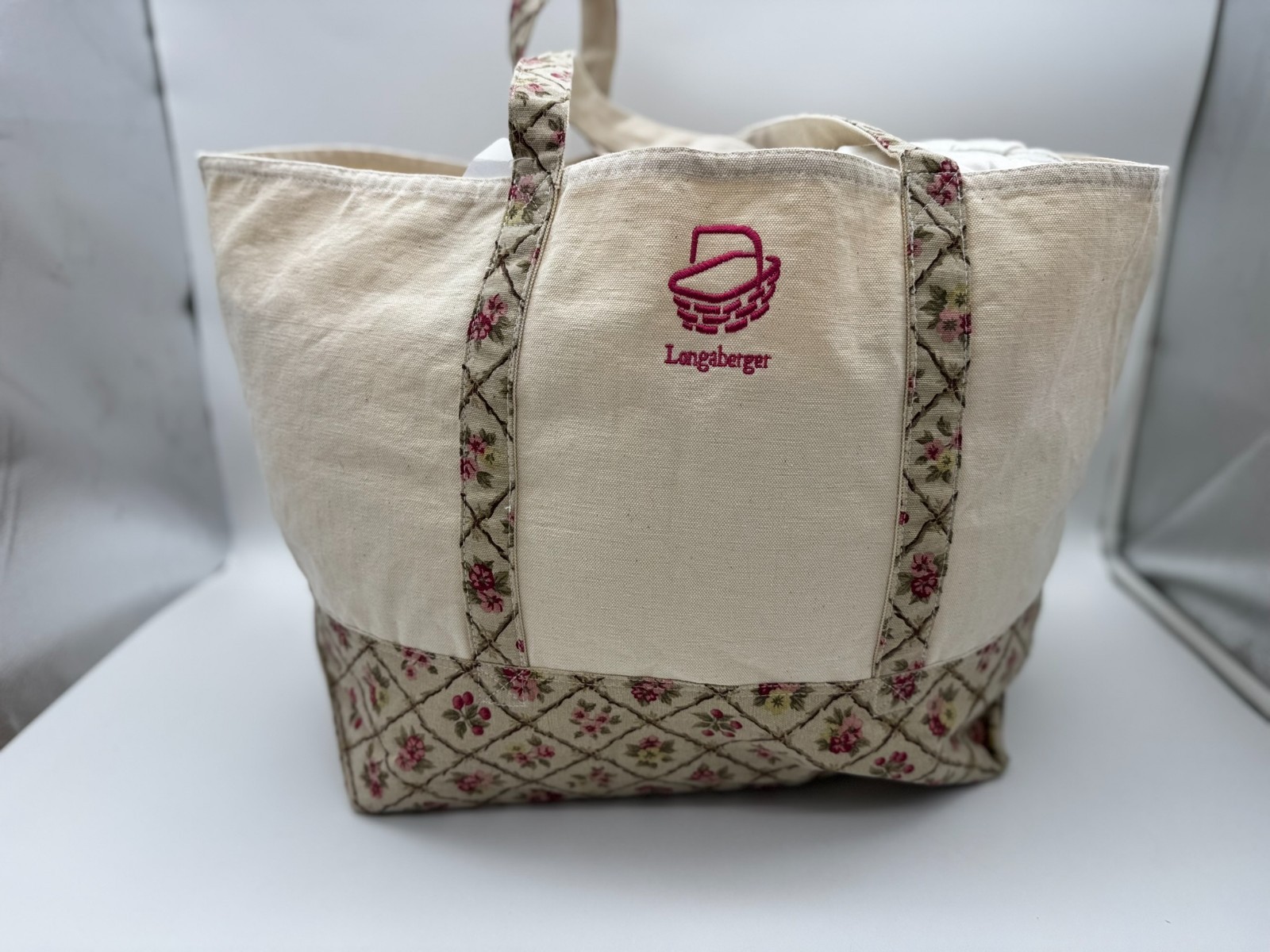 Longaberger Embroidered Canvas Casserole Tote Bag Floral LARGE 15H x 26L x 9.5W