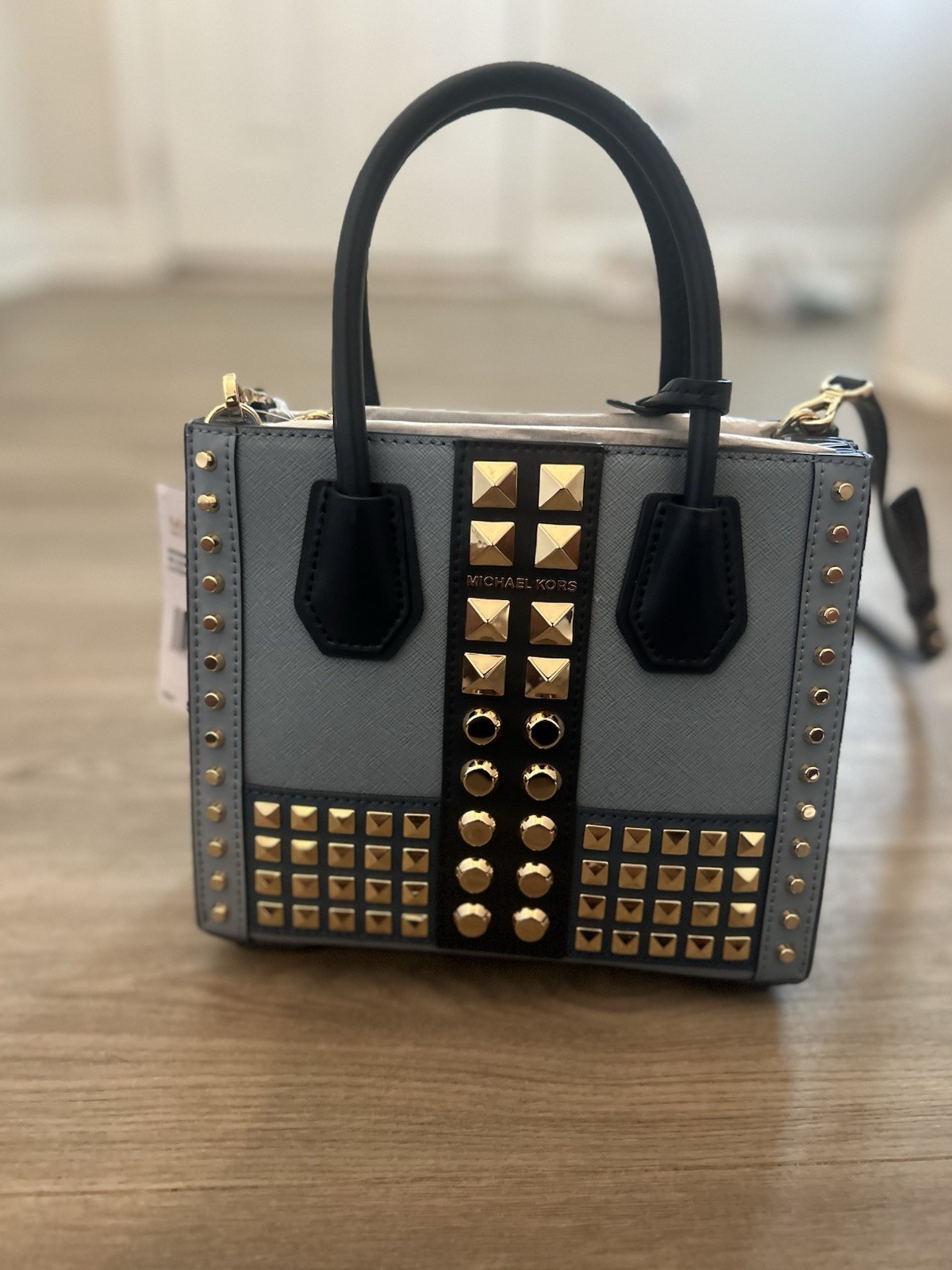 2 Michael Kors Small Studded Satchel Top Handle Detachable Strap Blue/Black/Gold