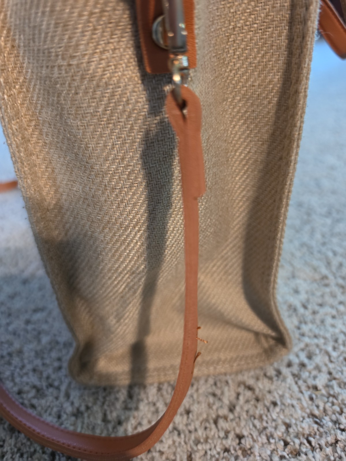Crossbody Shoulder Bag Tote Purse Large Beige Black Stripe Canvas Brown Straps
