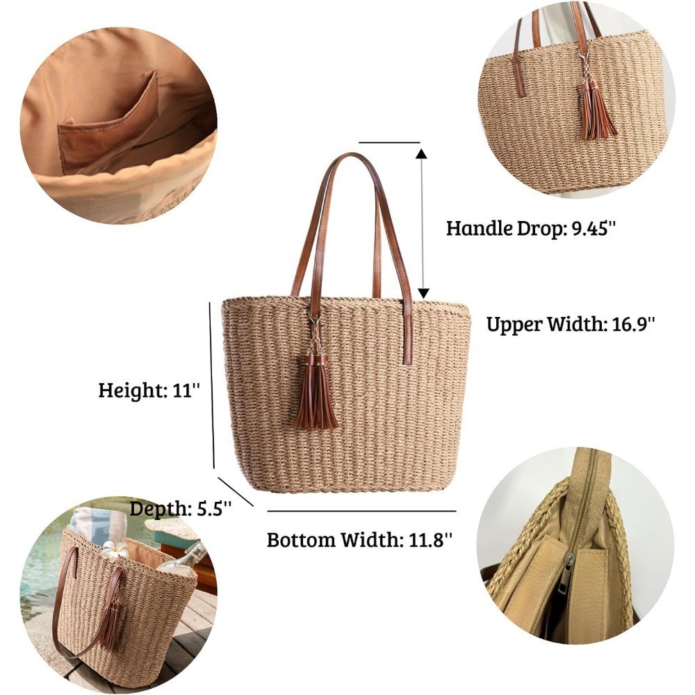 Tasseled Woven Straw Bags for Women Summer Travel Tote Handmade Shoulder Bag