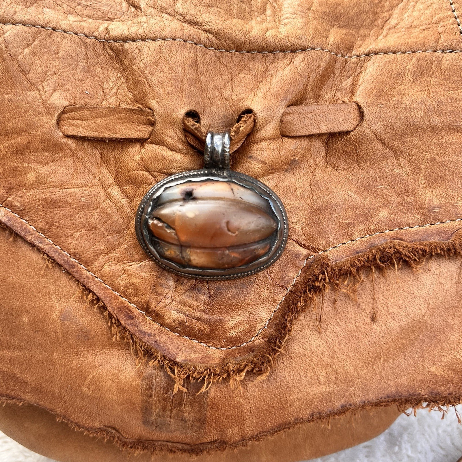 Ilze Heider Artisan-made Leather Crossbody Bag Tan Boho Western Flap Front Stone