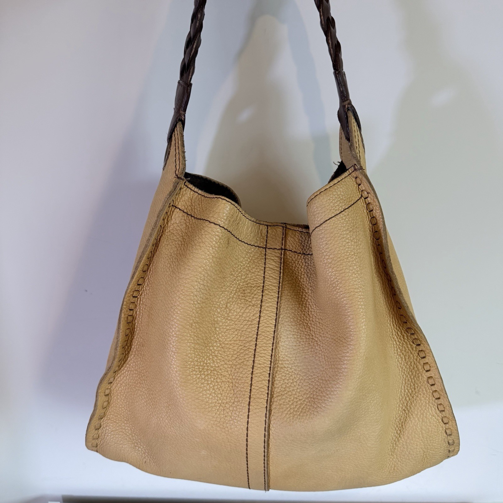 LUCKYBRAND Y2K Vintage Slouchy Whipstitch Hobo Shoulder Penny Bag Tan Leather
