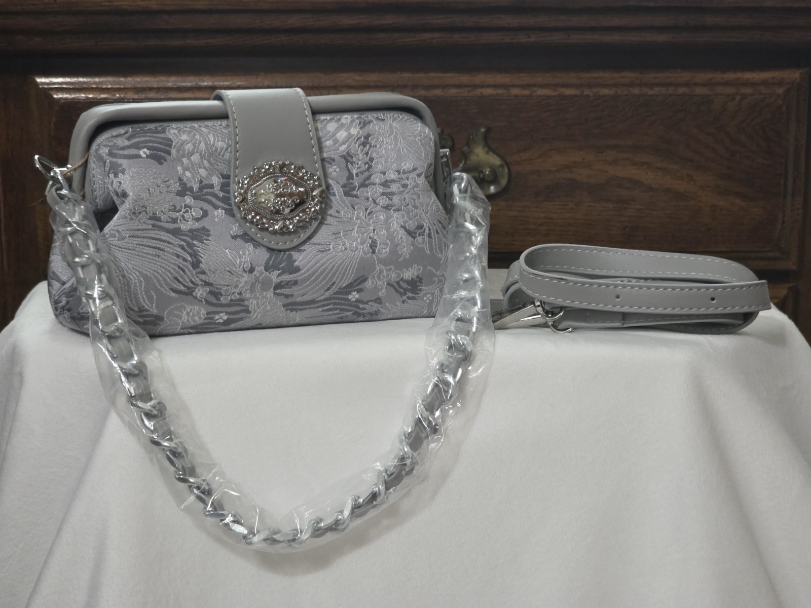 Blue-Gray Jacquard Small Clutch W Chain/Shoulder Purse Grand Metal Accent NWT