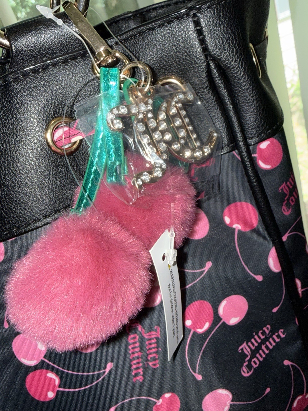 Juicy Couture Black/Pink Cherry Print Tote Bag Charm Gold Hardware Magnetic