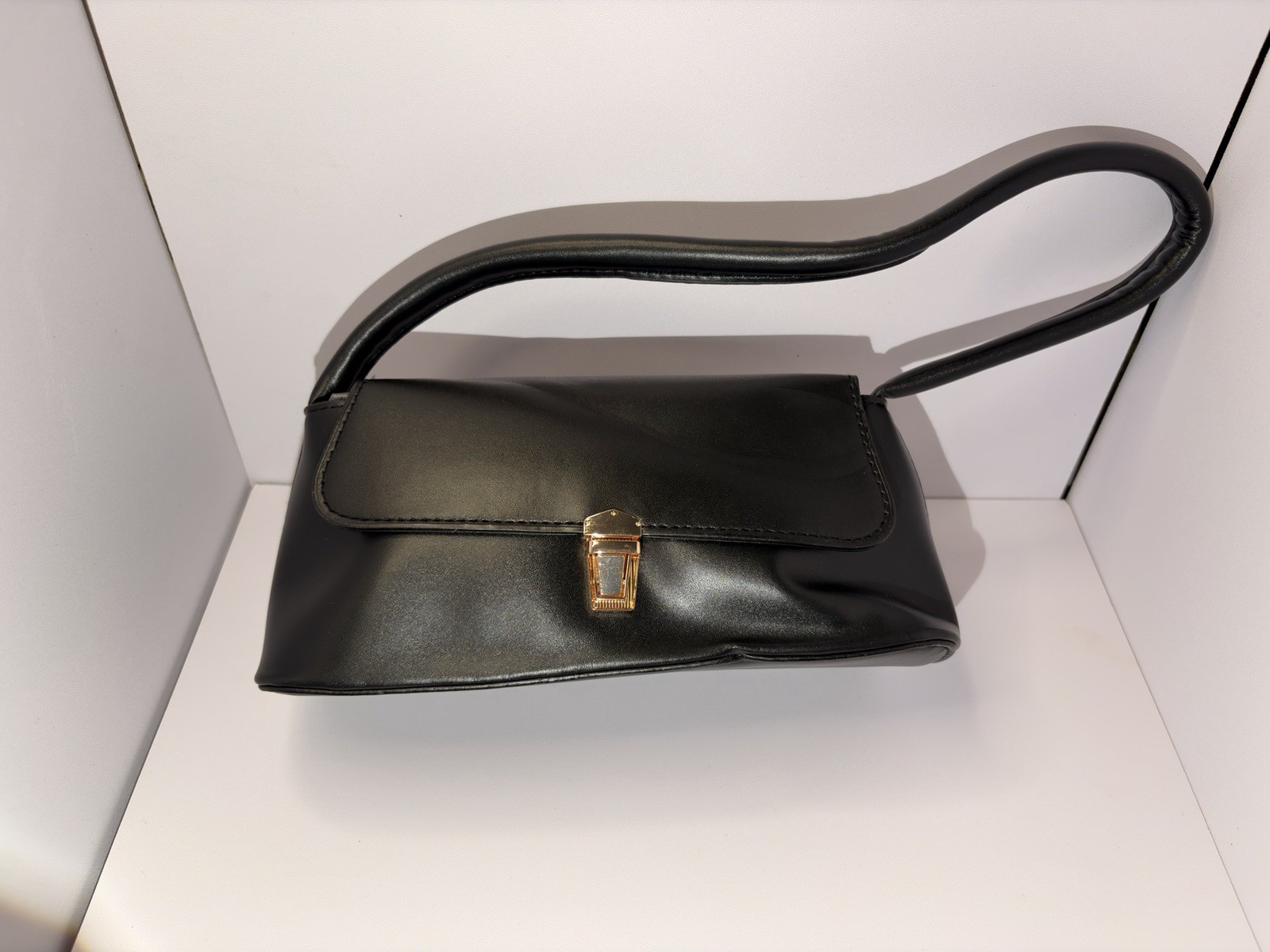 Black Solid Rectangle Shoulder Bag Flap Buckle Closure Gold Tone Hardware