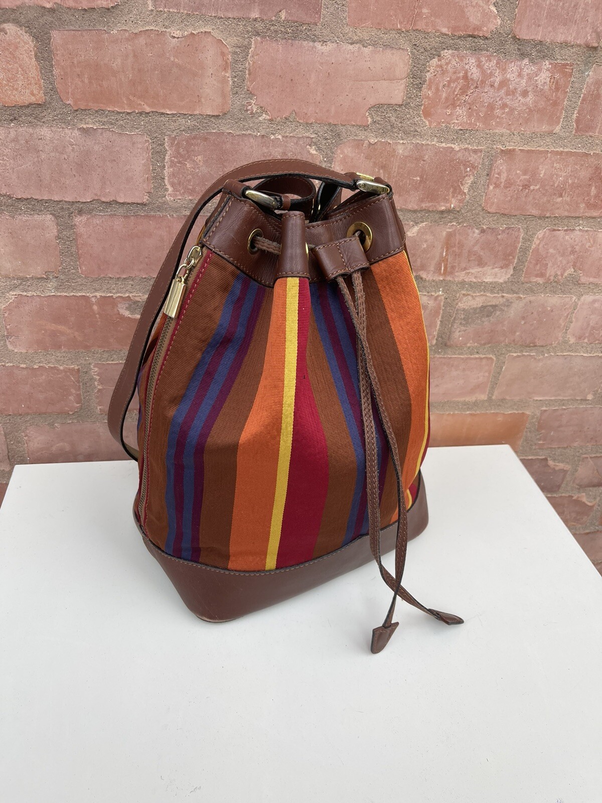 Vintage Céline Sangle Seau Striped Canvas Bucket Bag Crossbody Leather 1994 M94