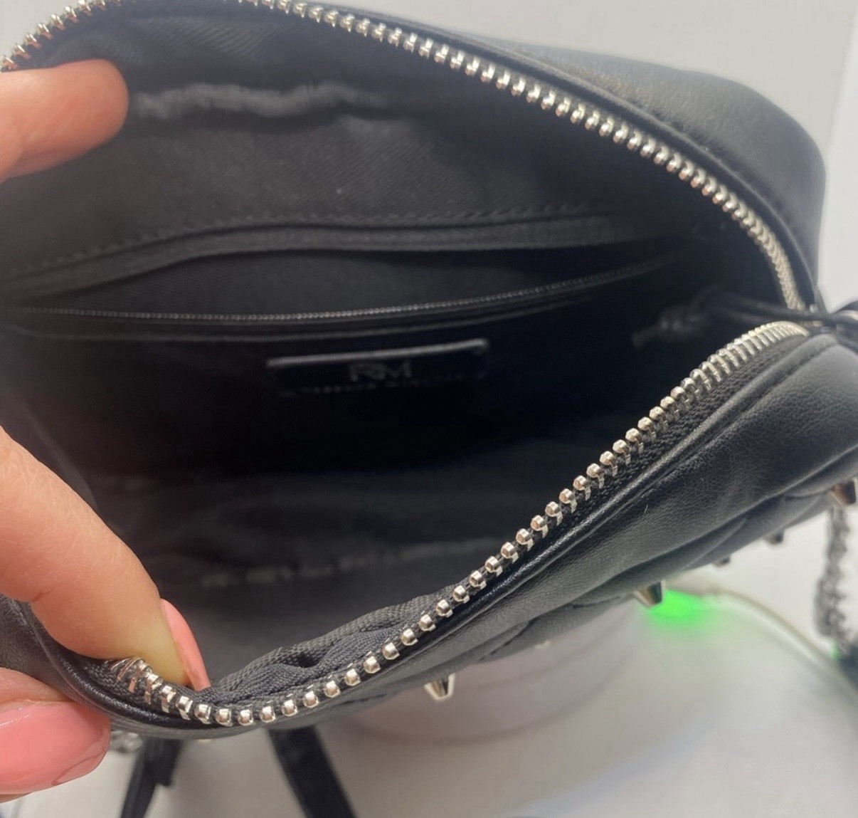 Rebecca Minkoff Black Studded Quilted Crossbody Bag Silver Hardware Zip Top