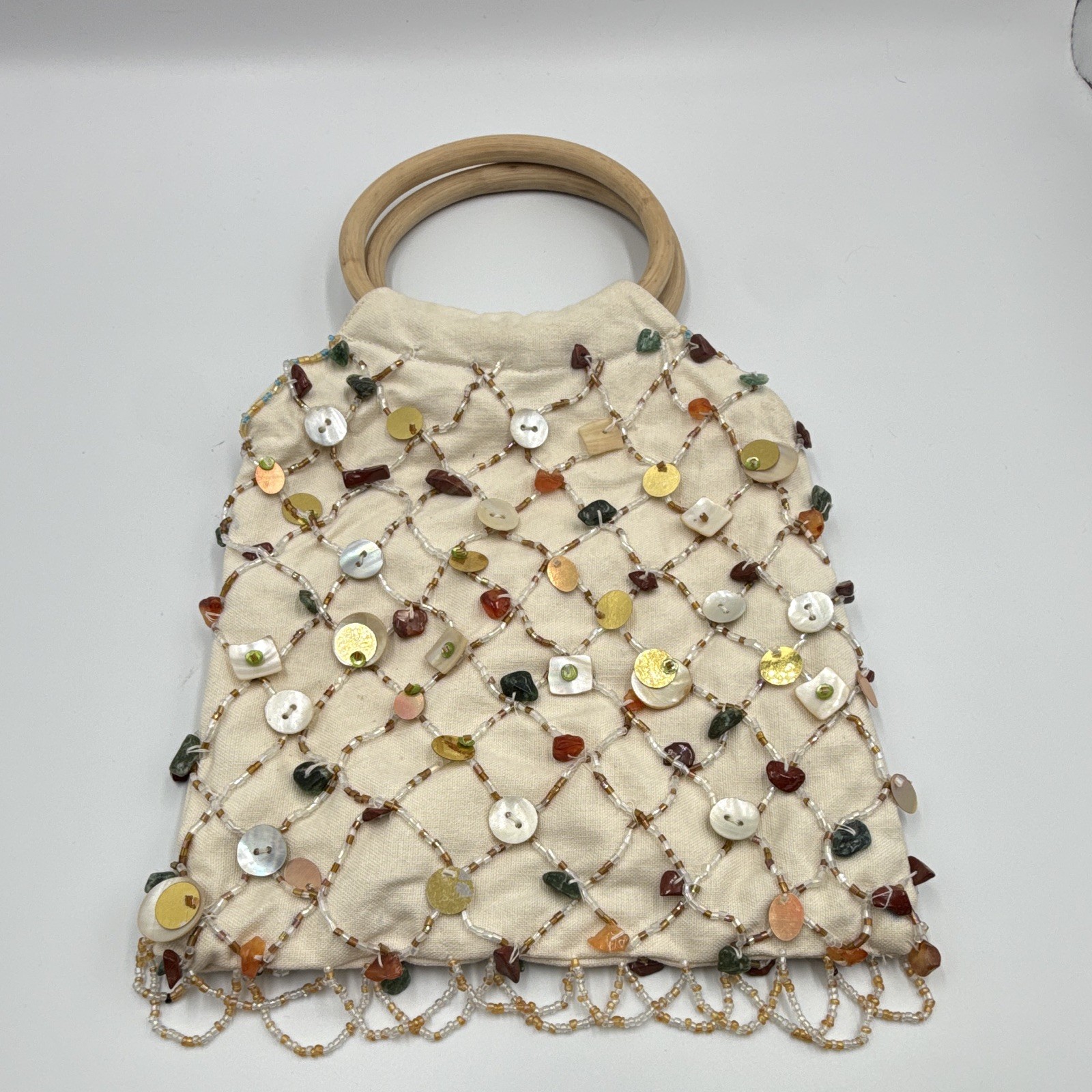 Beige Beaded Sequin Satchel Top Handle Bag Wood Handle Lined Party/Cocktail