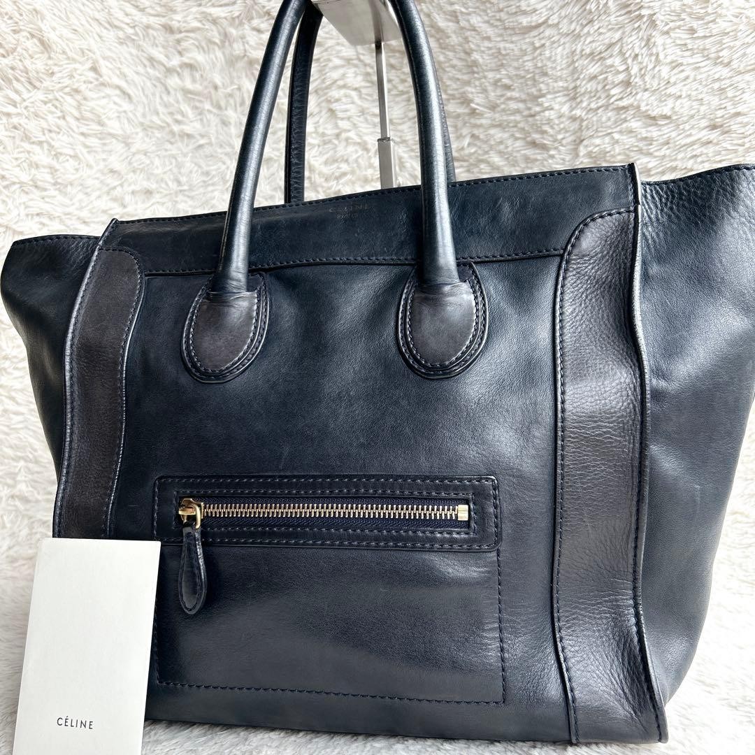 CELINE Luggage Mini Leather Tote Bag, Navy Can store A4 size PC large capacity