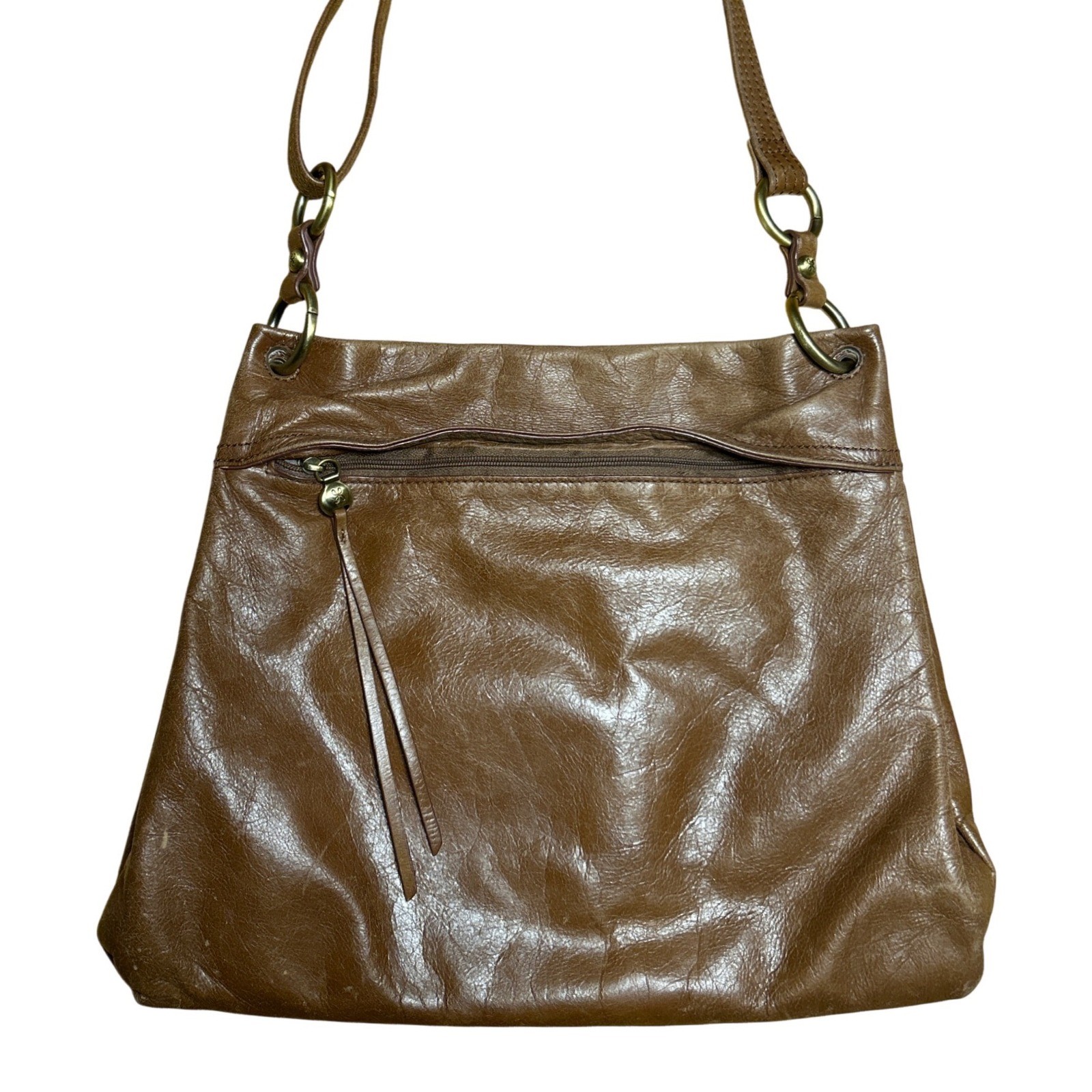 Hobo Crossbody Bag Brown Leather Brass Color Hardware 14″ Long 10.5″ Tall