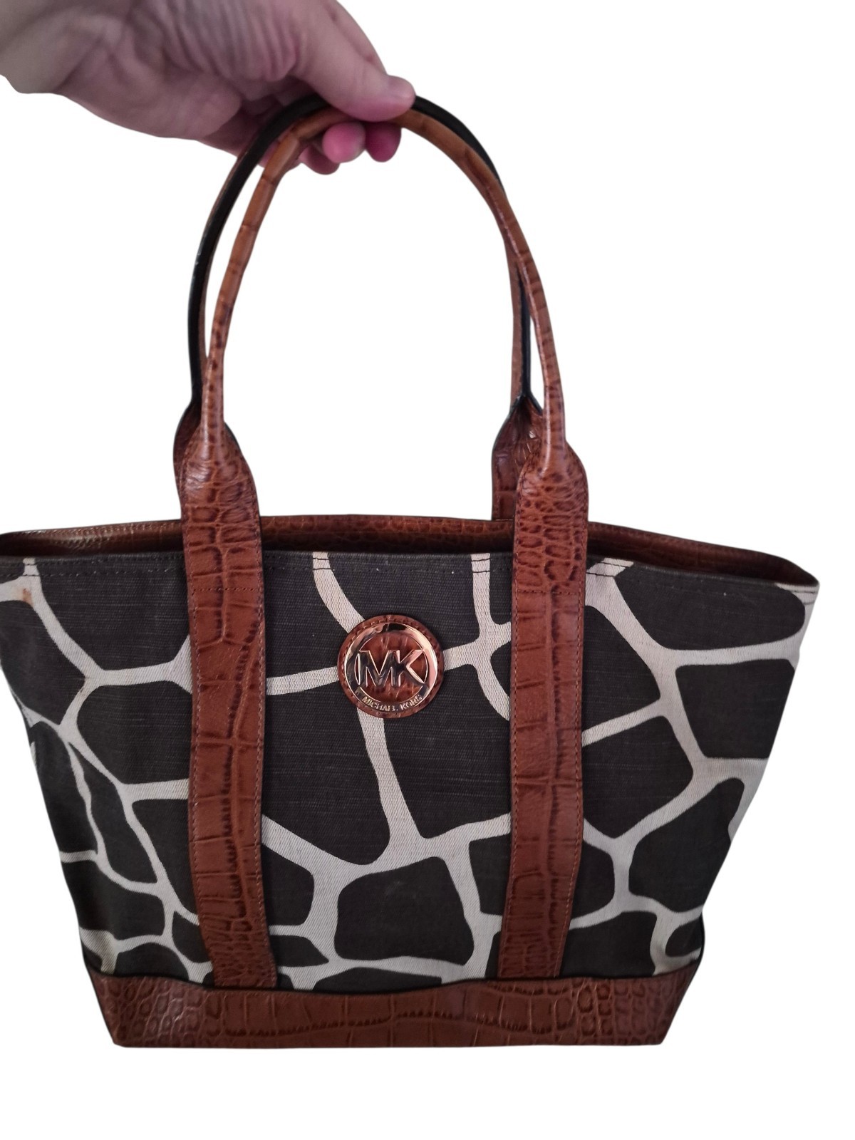 Michael Kors Giraffe Print Canvas & Crocodile Embossed Leather Tote Bag