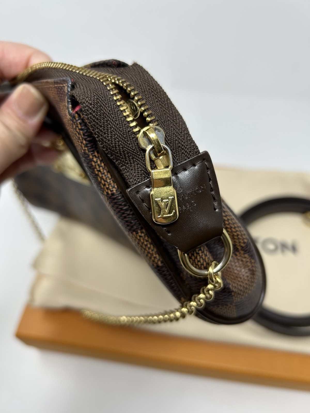 Louis Vuitton Eva Damier Ebene Brown Clutch Crossbody Chain Shoulder Bag W/Box