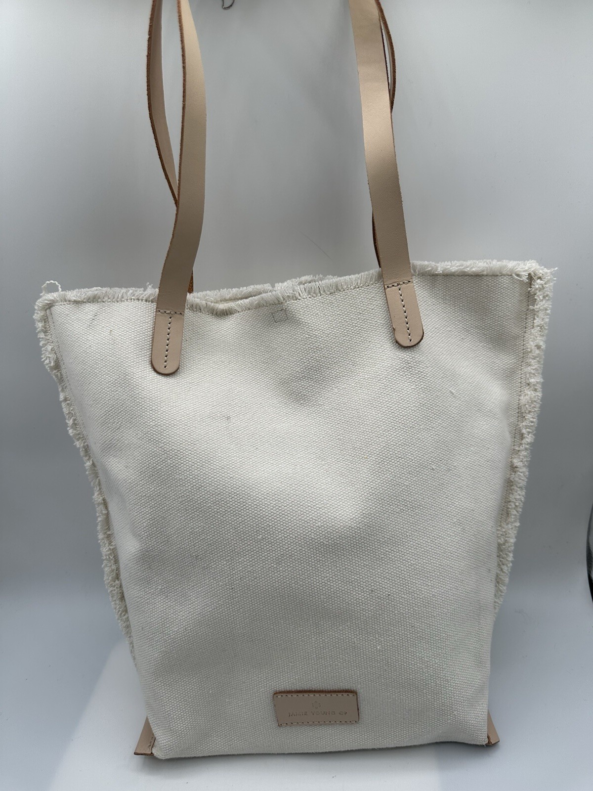 Jamie Young Co. JYC Offwhite Canvas Tan Natural Leather Trim Tote Shoulder Bag