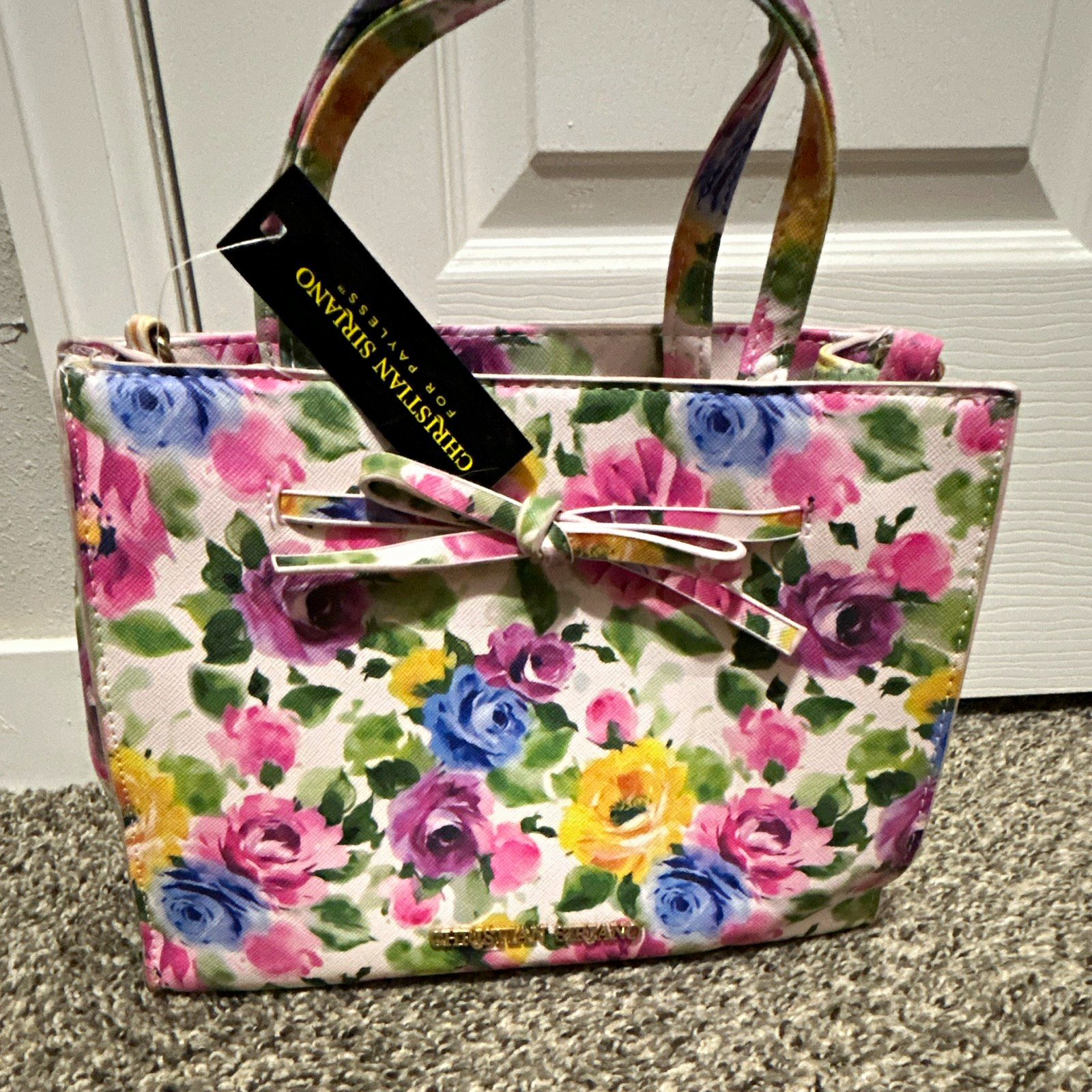 Christian Siriano Multicolor Floral Satchel Top Handle Bow Zip Gold Detach Strap