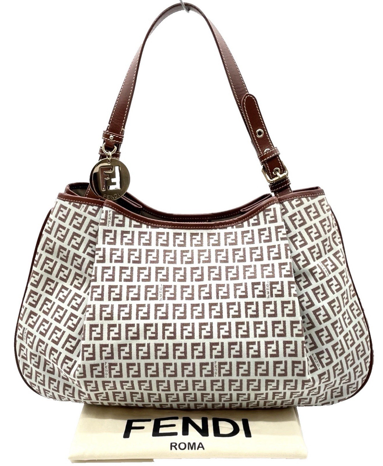 FENDI Zucca FF Logo Brown/Beige Shoulder Bag w/ Adjustable Strap & Charm
