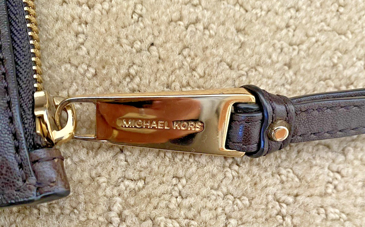 Michael Kors Rhea Wristlet Gold Studded Dark Brown Leather Logo Zipper