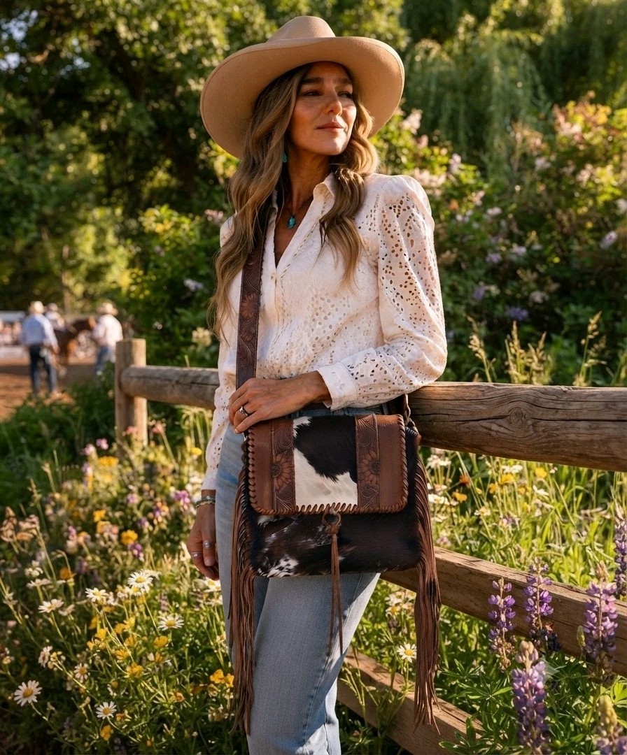 Myra Bag Cowhide & Hand Tooled Leather Crossbody Western Fringe Adjustable Strap