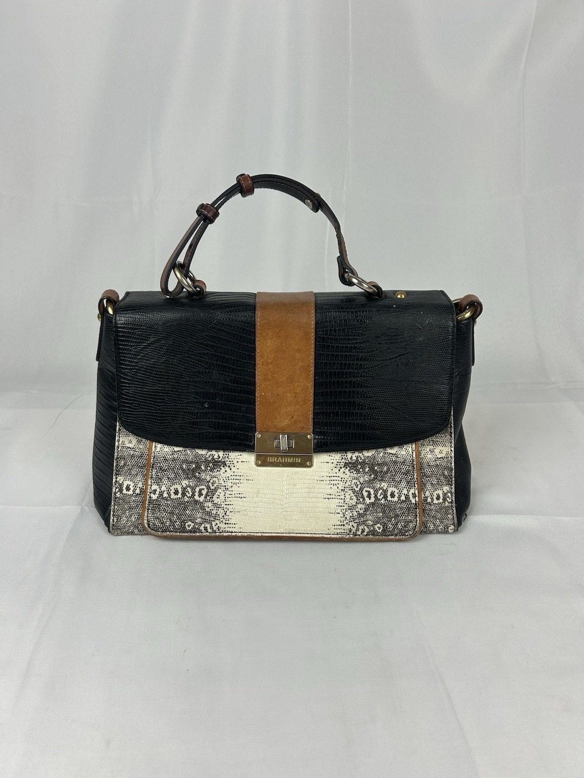 Brahmin Oxford Flap Natural Bernini Black White Embossed Leather Satchel