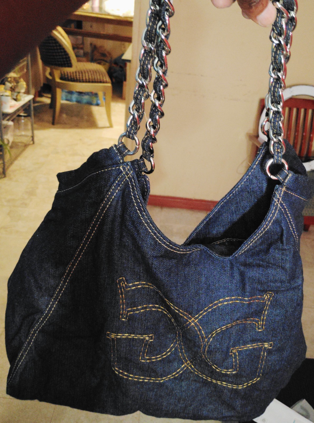 Women’s Blue Logo Pattern Shoulder Bag, Zip, Lined, Inner Pockets, Silver Chain