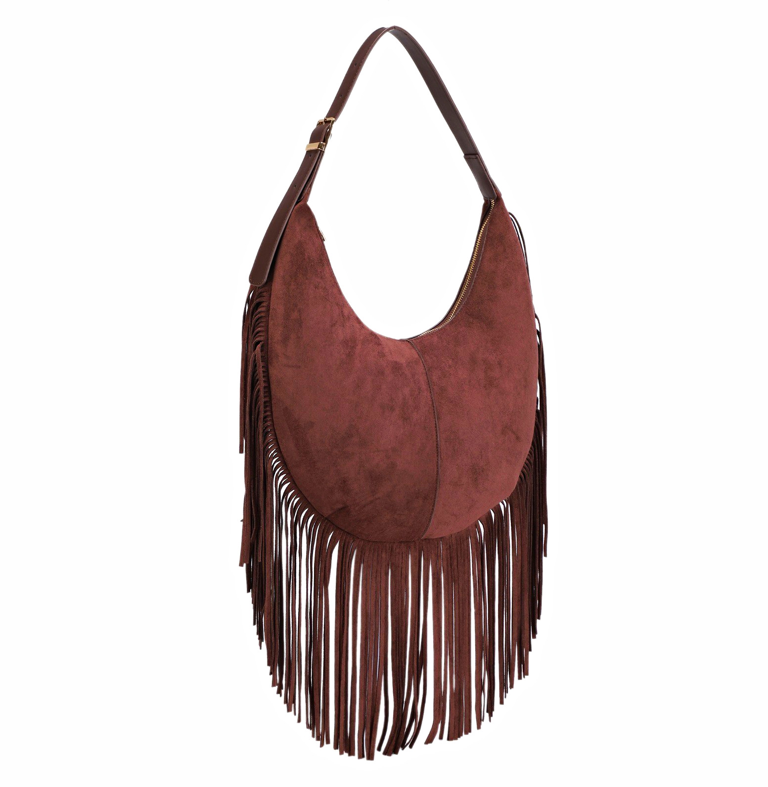 Women’s Brown Crescent Shoulder Bag, Fringe Western, Zip Closure, Adjustable