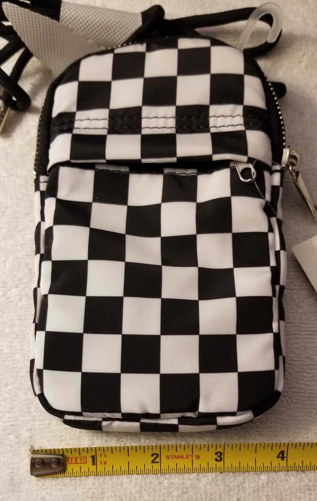 No Boundaries Black White Checkered Bungee Crossbody Phone Bag Mini Zip Closure