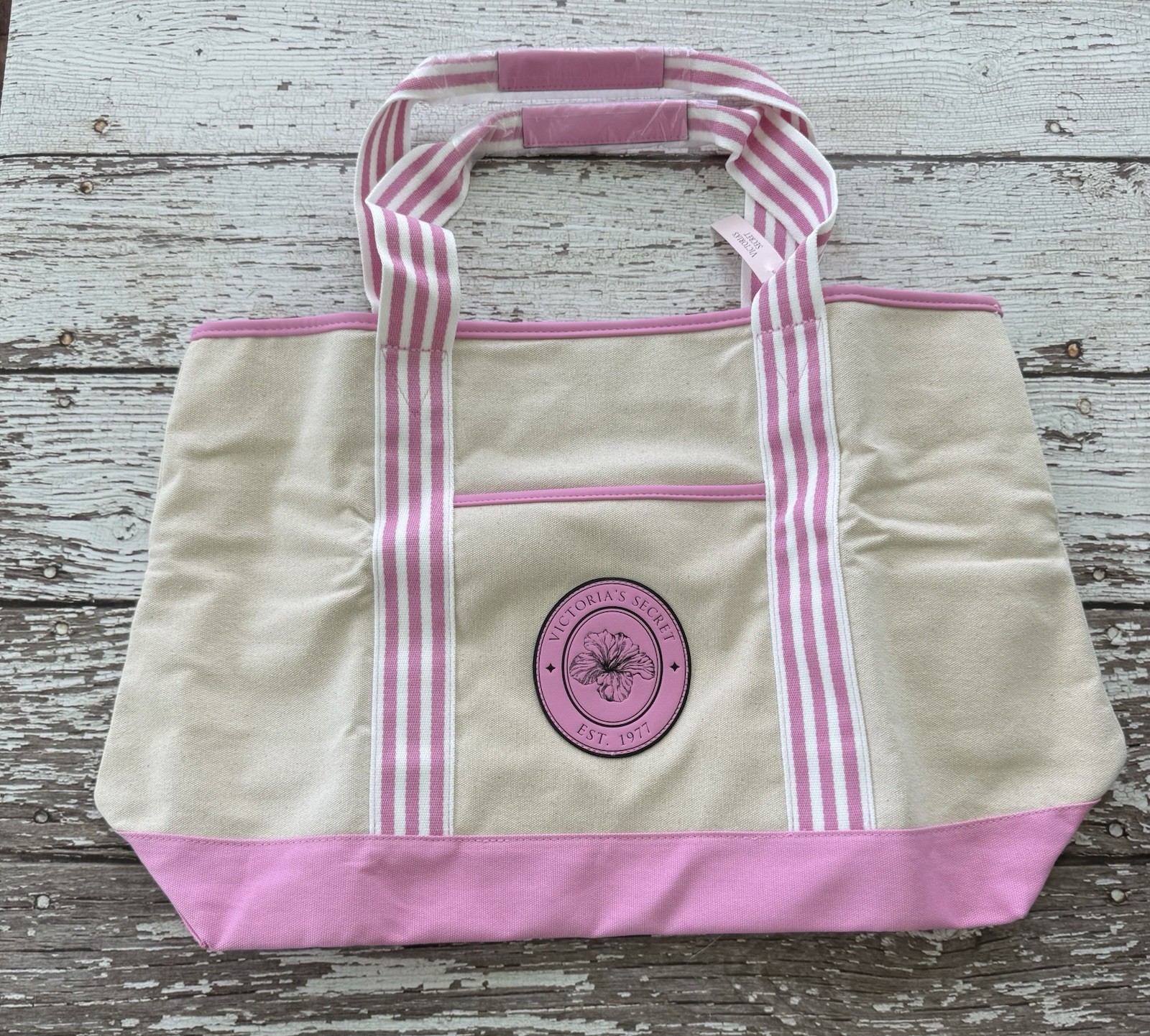 Victoria’s Secret PINK and White CANVAS STRIPE ZIP TOTE 1977 New