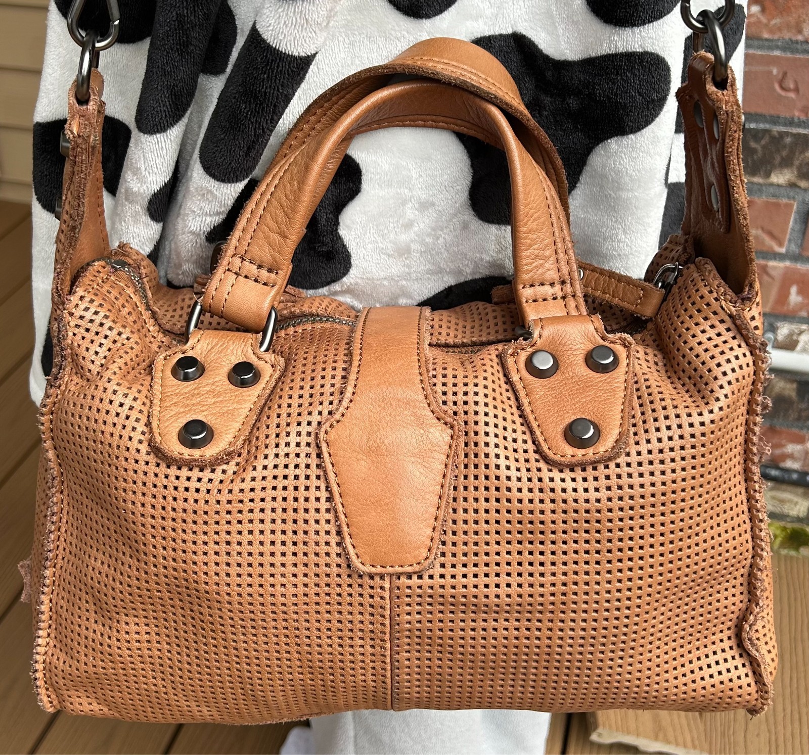 LINEA PELLE Collection BROWN Perforated RAW Edge LEATHER Crossbody SATCHEL Bag