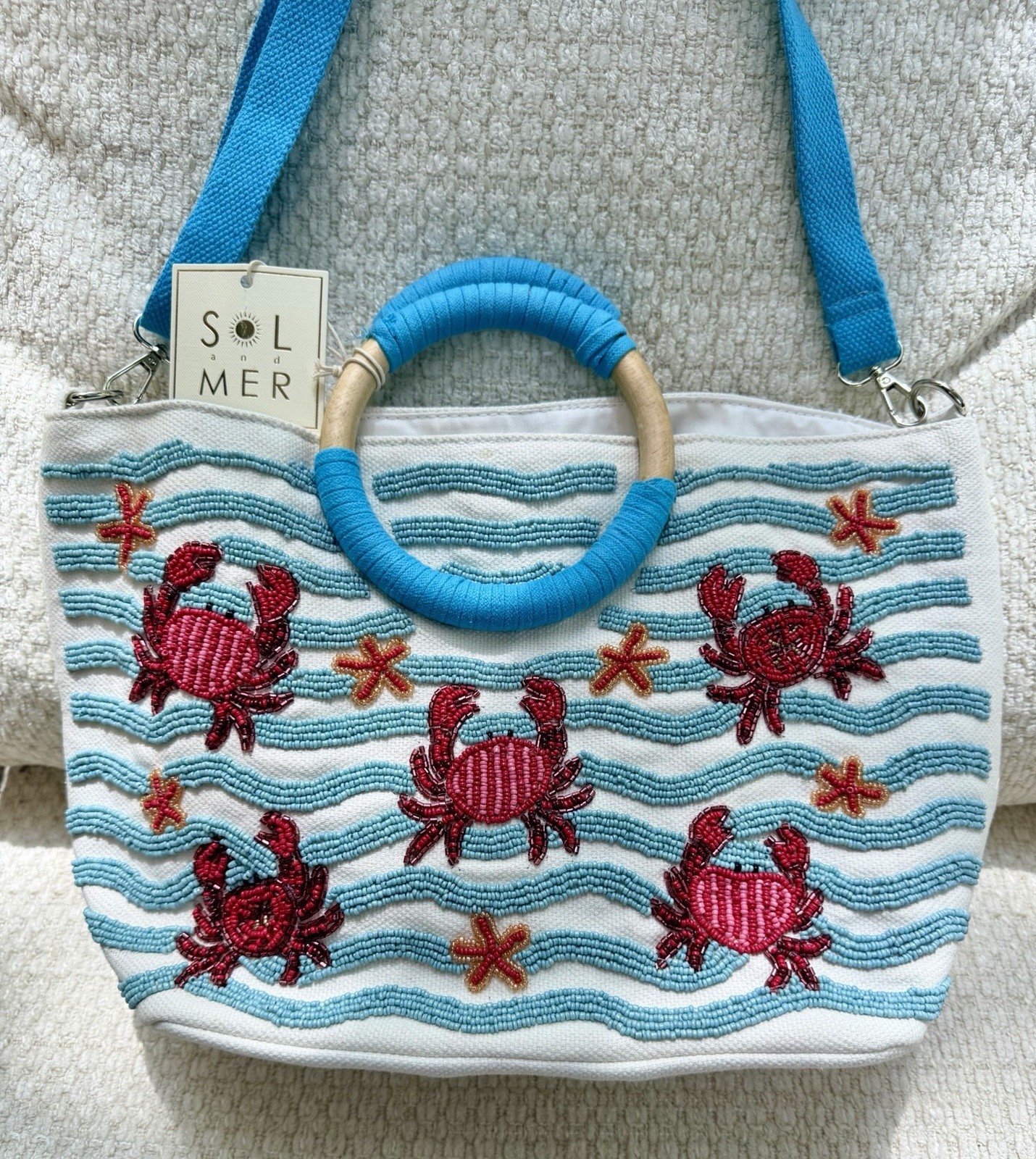Sol And Mer Beaded Crab Stripe Tote Wood Handles Blue Red Accents Crossbody NWT