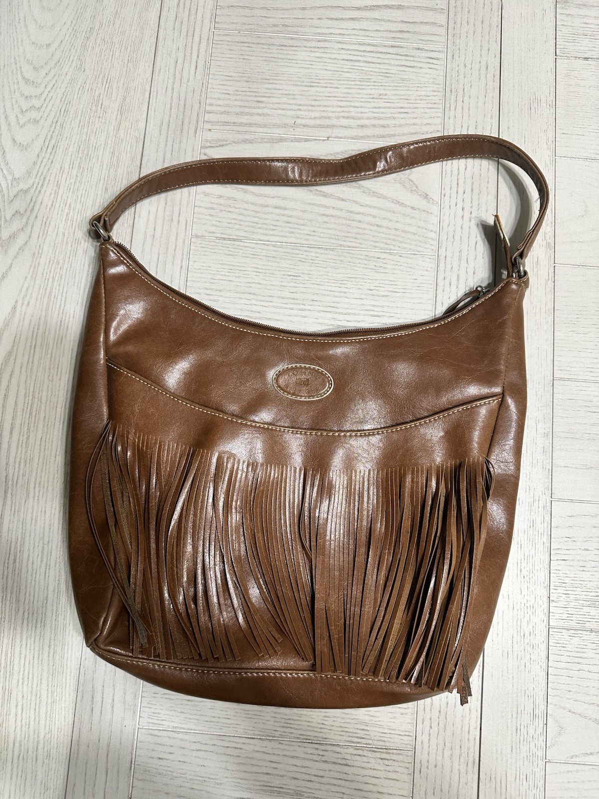 Tommy Hilfiger Brown Pebbled Leather Tassel Turn Lock Hobo Shoulder Bag Purse
