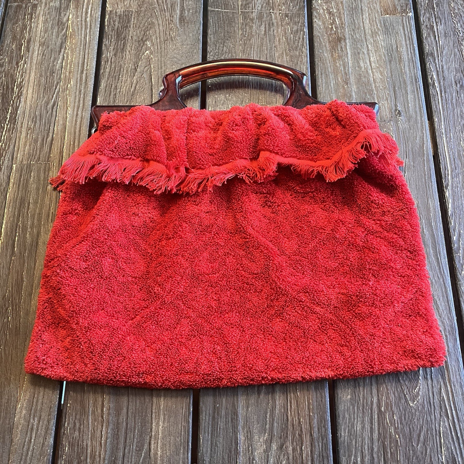 Vintage Handmade Red Terrycloth Handbag Double Plastic Handles Tote Lightweight