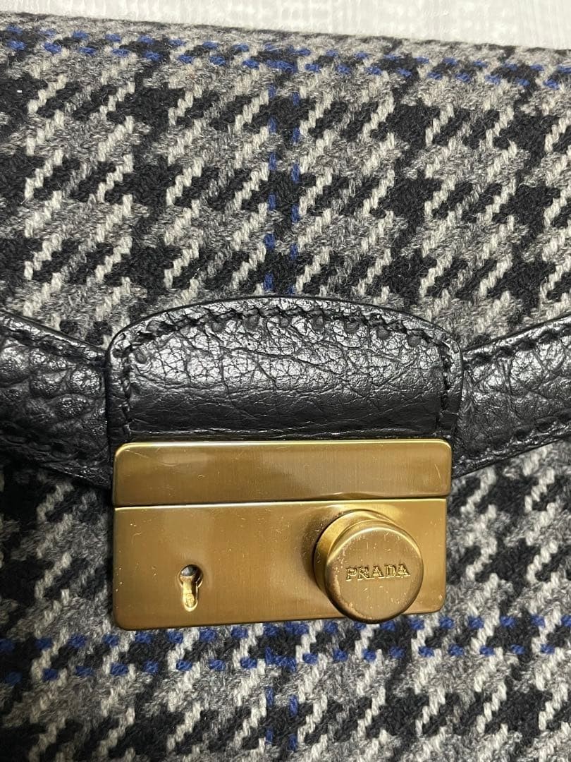 Prada Tweed Leather Handbag Black Houndstooth 9.45 X 5.91 X 2.36