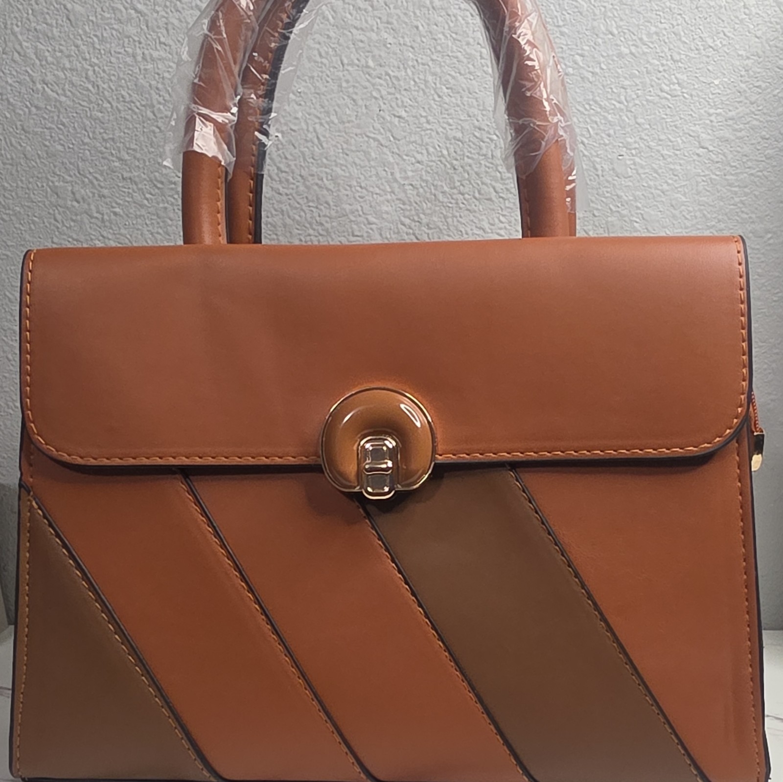 Women’s Brown Colorblock Satchel Top Handle Turn Lock Rectangle Gold Hardware