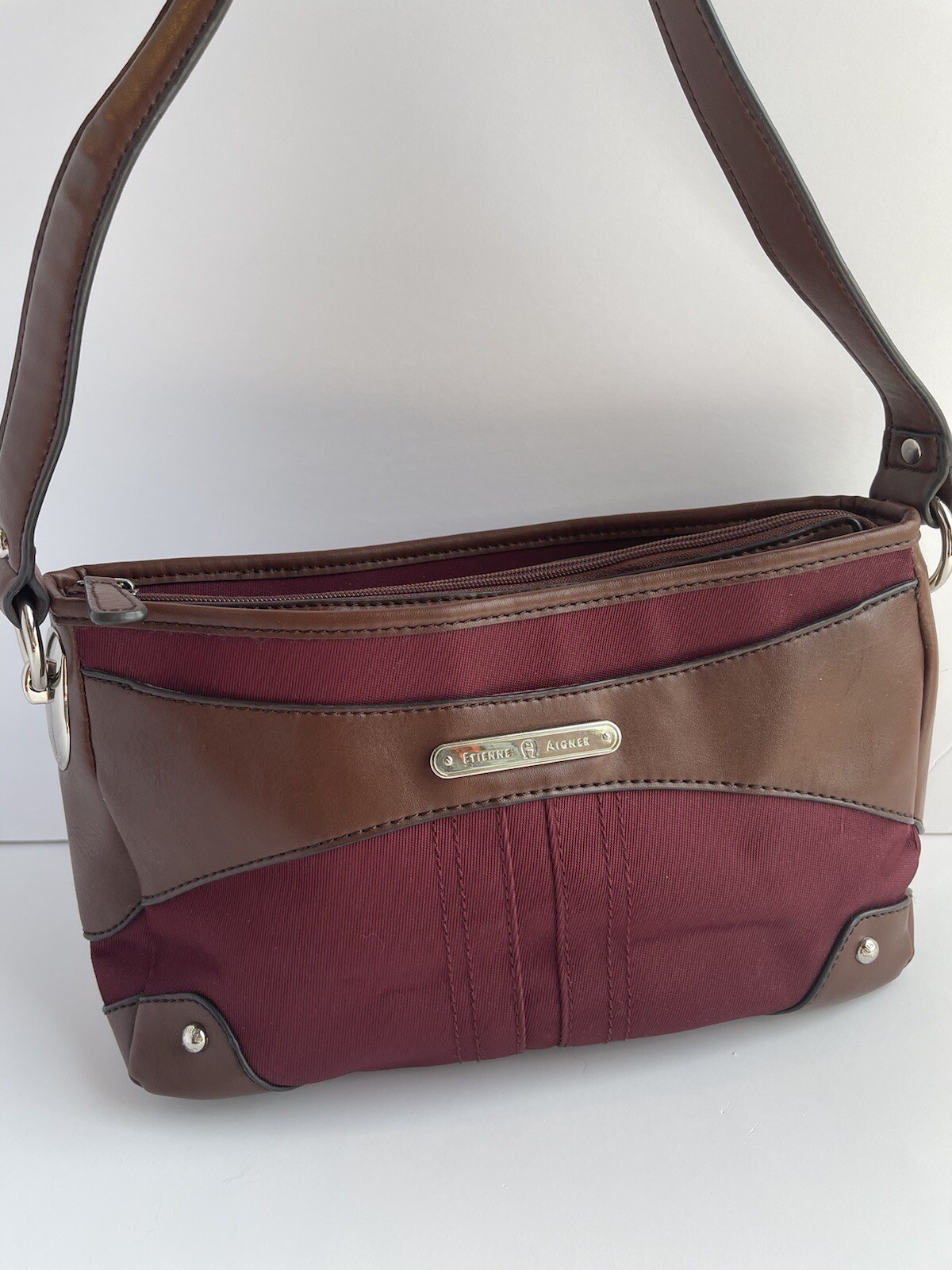 Etienne Aigner Handbag Shoulder Purse Fabric Maroon Wine Red Brown Trim